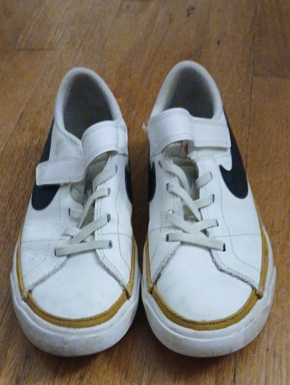 Low Top Velcro White and Black with Gold trim around top of sole Size 2.5 Youth
